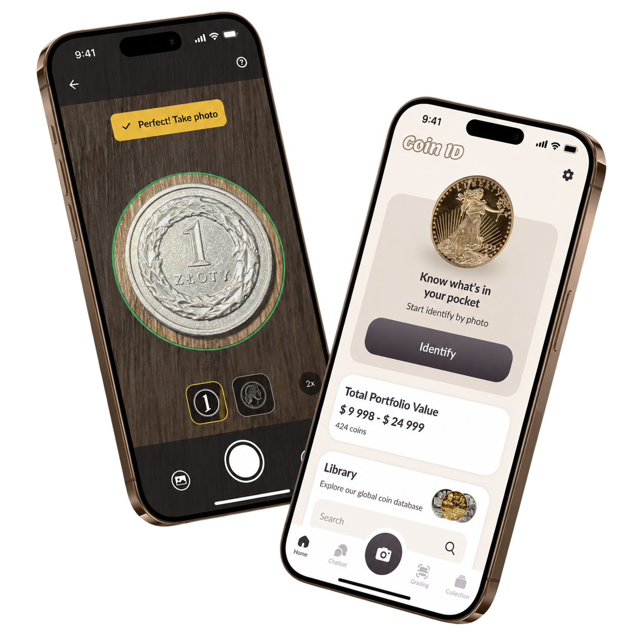 Coin Scanner app — home screen and live coin identification